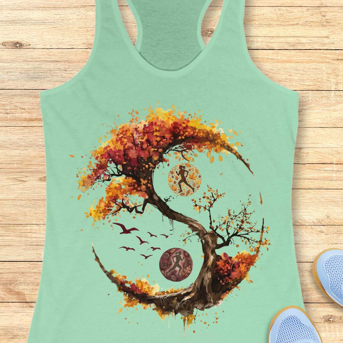 A mint racerback tank top laid flat on a light wood plank background, featuring a large graphic print of a stylized tree in autumn colors forming a circular yin-yang shape with a running figure, birds, and circular motifs. Part of a blue shoe is visible at the bottom right.