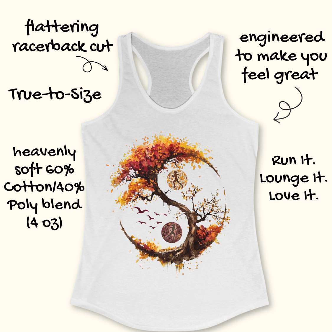 A white racerback tank top laid flat on a light wood plank background, featuring a large graphic print of a stylized tree in autumn colors forming a circular yin-yang shape with a running figure, birds, and circular motifs. Part of a blue shoe is visible at the bottom right.
