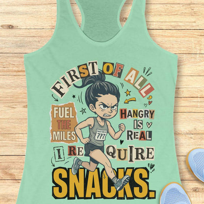 Mint green racerback tank top featuring a cartoon runner wearing a race bib and running shoes, surrounded by bold typography. The design reads: “First of all, fuel the miles. Hangry is real. I require snacks.” The artwork uses a playful mix of fonts, yellow, black, beige, and coral accents, with doodle-style arrows, stars, and hearts. The tank top is displayed on a light wood surface with running shoes partially visible in the corners.