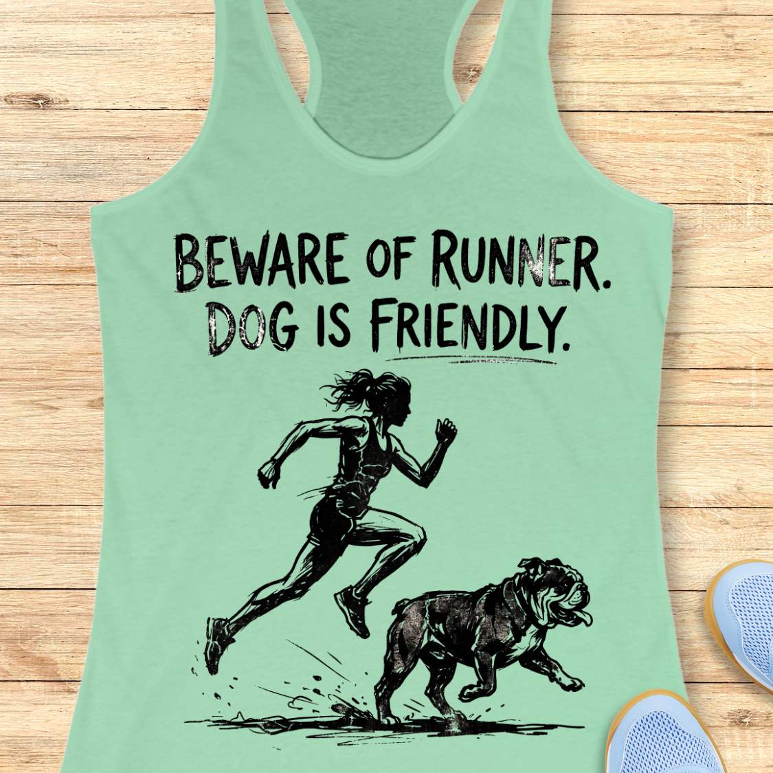mint racerback tank top featuring the humorous slogan, “BEWARE OF RUNNER. DOG IS FRIENDLY.” in distressed black lettering above a black sketch-style illustration of a runner sprinting behind a friendly bulldog. The design playfully suggests the runner is more intimidating than the dog, making it a fun graphic for dog-loving runners.
