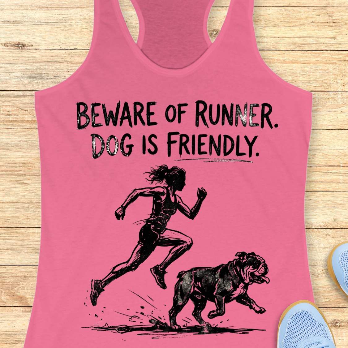 pink racerback tank top featuring the humorous slogan, “BEWARE OF RUNNER. DOG IS FRIENDLY.” in distressed black lettering above a black sketch-style illustration of a runner sprinting behind a friendly bulldog. The design playfully suggests the runner is more intimidating than the dog, making it a fun graphic for dog-loving runners.