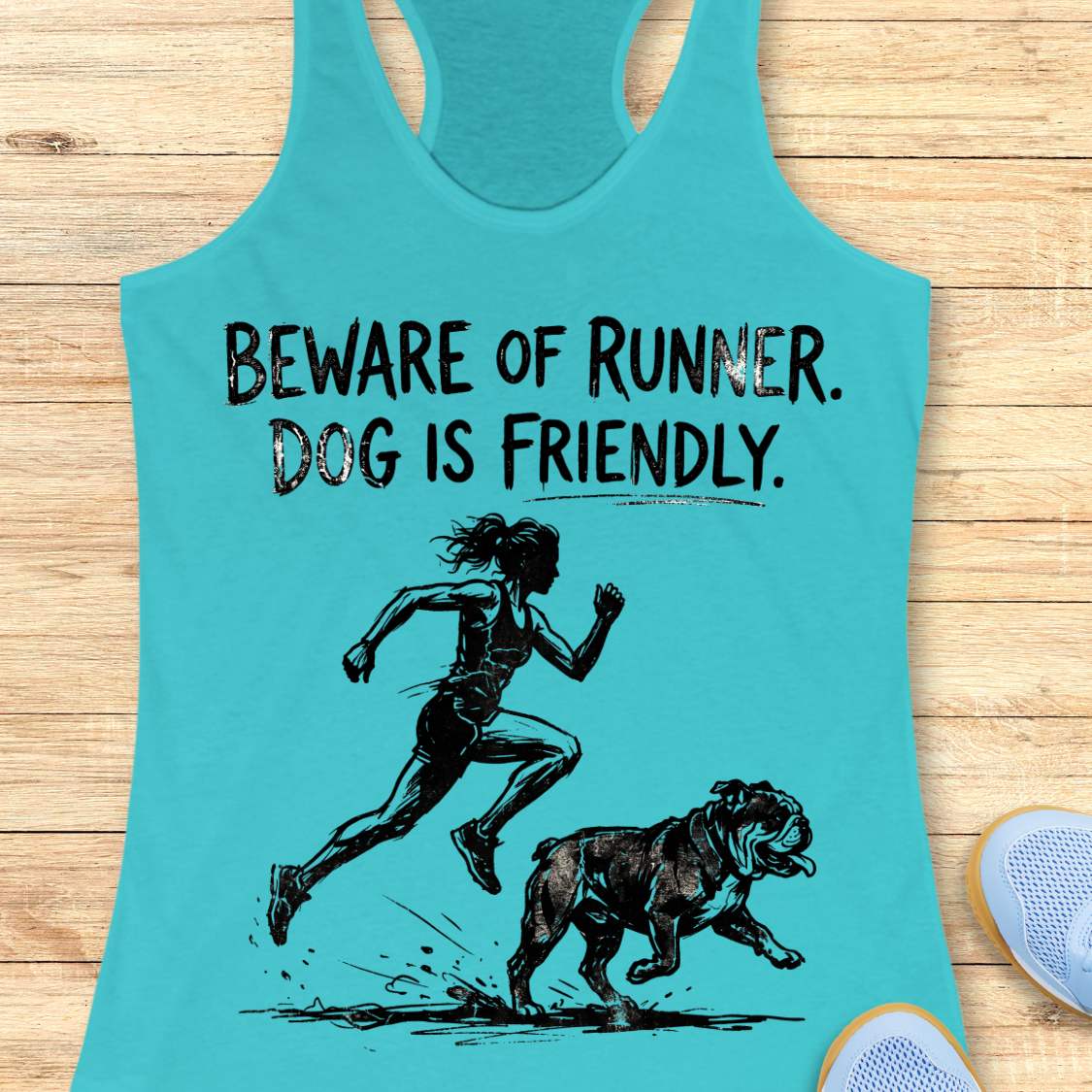 Turquoise racerback tank top featuring the humorous slogan, “BEWARE OF RUNNER. DOG IS FRIENDLY.” in distressed black lettering above a black sketch-style illustration of a runner sprinting behind a friendly bulldog. The design playfully suggests the runner is more intimidating than the dog, making it a fun graphic for dog-loving runners.