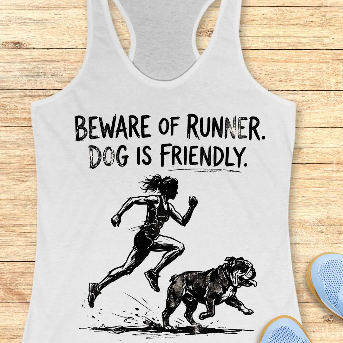 white racerback tank top featuring the humorous slogan, “BEWARE OF RUNNER. DOG IS FRIENDLY.” in distressed black lettering above a black sketch-style illustration of a runner sprinting behind a friendly bulldog. The design playfully suggests the runner is more intimidating than the dog, making it a fun graphic for dog-loving runners.