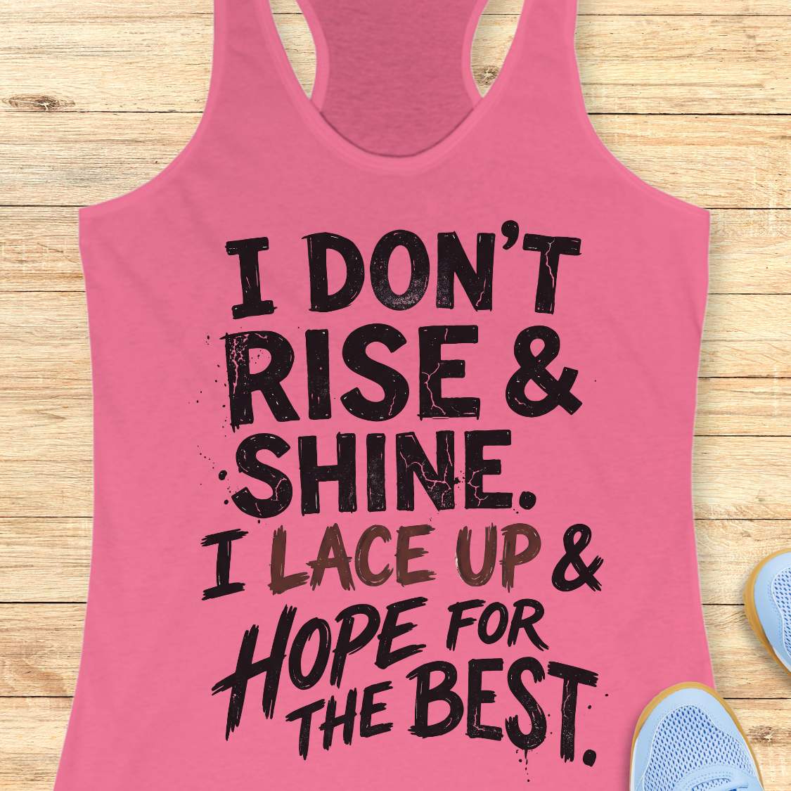 pink racerback tank top featuring a bold, distressed typography design that reads: “I DON’T RISE & SHINE. I LACE UP & HOPE FOR THE BEST.” The text is displayed in a mix of black and brown brush-style lettering, creating a playful and relatable message for runners who prefer determination over morning enthusiasm. The humorous running-themed design is ideal for athletes, joggers, and fitness enthusiasts.