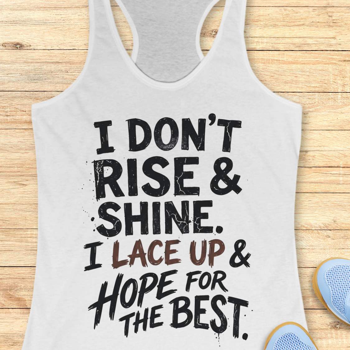 white racerback tank top featuring a bold, distressed typography design that reads: “I DON’T RISE & SHINE. I LACE UP & HOPE FOR THE BEST.” The text is displayed in a mix of black and brown brush-style lettering, creating a playful and relatable message for runners who prefer determination over morning enthusiasm. The humorous running-themed design is ideal for athletes, joggers, and fitness enthusiasts.