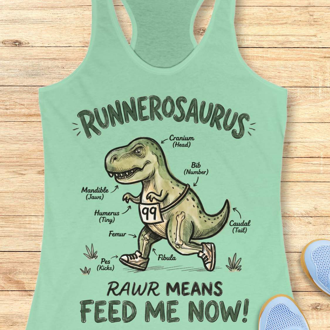 Mint green racerback tank top featuring a playful dinosaur running graphic and the phrase, “RUNNEROSAURUS RAWR MEANS FEED ME NOW!” The design shows a cartoon T-Rex wearing running shoes and race bib number 99, illustrated like an anatomy diagram with humorous labels such as “Cranium (Head),” “Mandible (Jaws),” “Humerus (Tiny),” “Pes (Kicks),” and “Caudal (Tail).” The lighthearted running-themed artwork combines dinosaur humor with runner culture, making it a fun choice for runners, joggers, and dinosaur ent