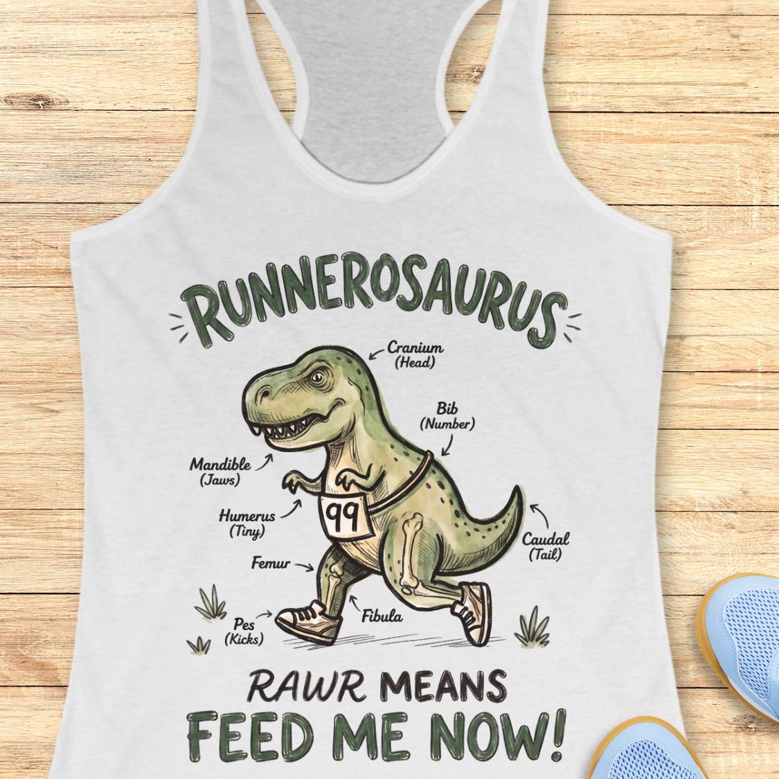 white racerback tank top featuring a playful dinosaur running graphic and the phrase, “RUNNEROSAURUS RAWR MEANS FEED ME NOW!” The design shows a cartoon T-Rex wearing running shoes and race bib number 99, illustrated like an anatomy diagram with humorous labels such as “Cranium (Head),” “Mandible (Jaws),” “Humerus (Tiny),” “Pes (Kicks),” and “Caudal (Tail).” The lighthearted running-themed artwork combines dinosaur humor with runner culture, making it a fun choice for runners, joggers, and dinosaur ent