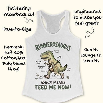 white racerback tank top featuring a playful dinosaur running graphic and the phrase, “RUNNEROSAURUS RAWR MEANS FEED ME NOW!” The design shows a cartoon T-Rex wearing running shoes and race bib number 99, illustrated like an anatomy diagram with humorous labels such as “Cranium (Head),” “Mandible (Jaws),” “Humerus (Tiny),” “Pes (Kicks),” and “Caudal (Tail).” The lighthearted running-themed artwork combines dinosaur humor with runner culture, making it a fun choice for runners, joggers, and dinosaur ent