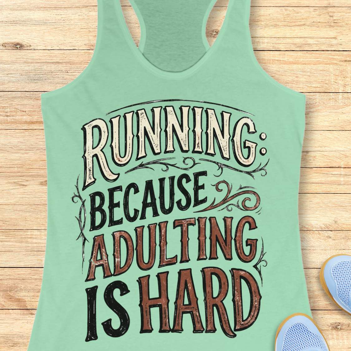 A mint green racerback tank top with a humorous graphic reading 'RUNNING: BECAUSE ADULTING IS HARD' in stylized cream, black, and brown lettering, laid flat on a light wood plank background with partial blue sneakers visible at the bottom right.