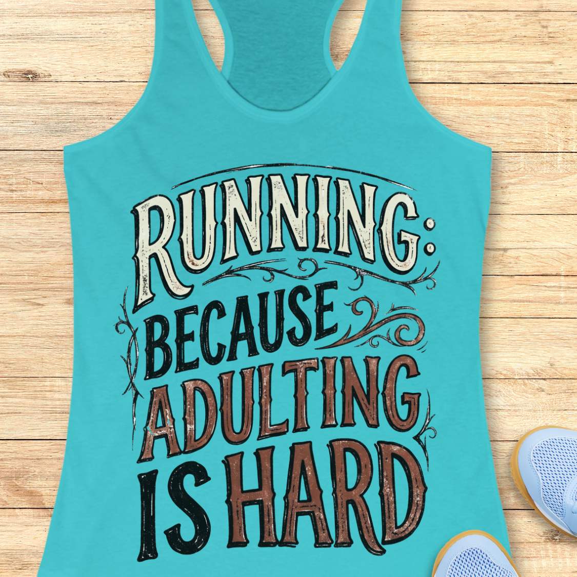 A turquoise racerback tank top laid flat on a light wood surface, printed with the phrase “RUNNING BECAUSE ADULTING IS HARD” in large decorative lettering. Partial light blue sneakers are visible at the lower right edge.