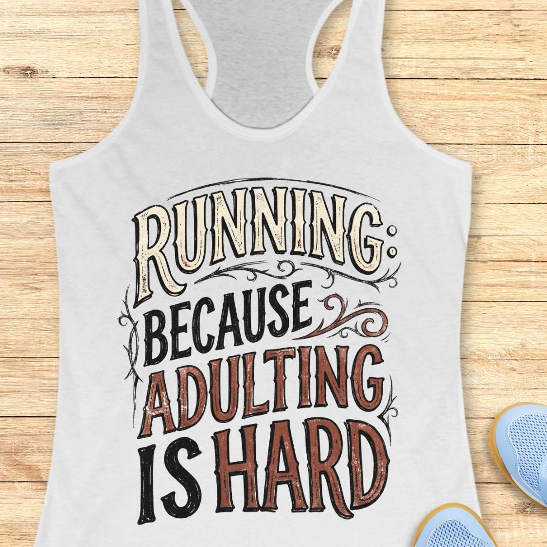 A white racerback tank top laid flat on a light wood background, featuring the text 'RUNNING BECAUSE ADULTING IS HARD' in stylized black and brown lettering. Partial blue shoes are visible at the bottom right as styling props.