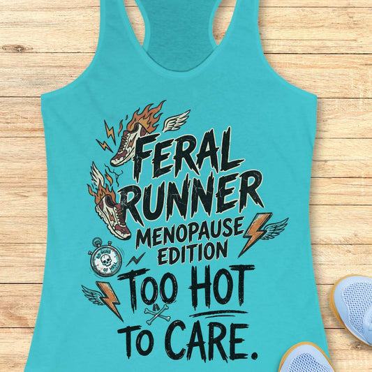 A turquoise racerback tank top laid flat on a light wood surface, featuring a bold graphic with the words 'FERAL RUNNER MENOPAUSE EDITION TOO HOT TO CARE' and illustrated flames, lightning bolts, wings, a stopwatch, and crossed keys. Part of a blue shoe is visible at the lower right.