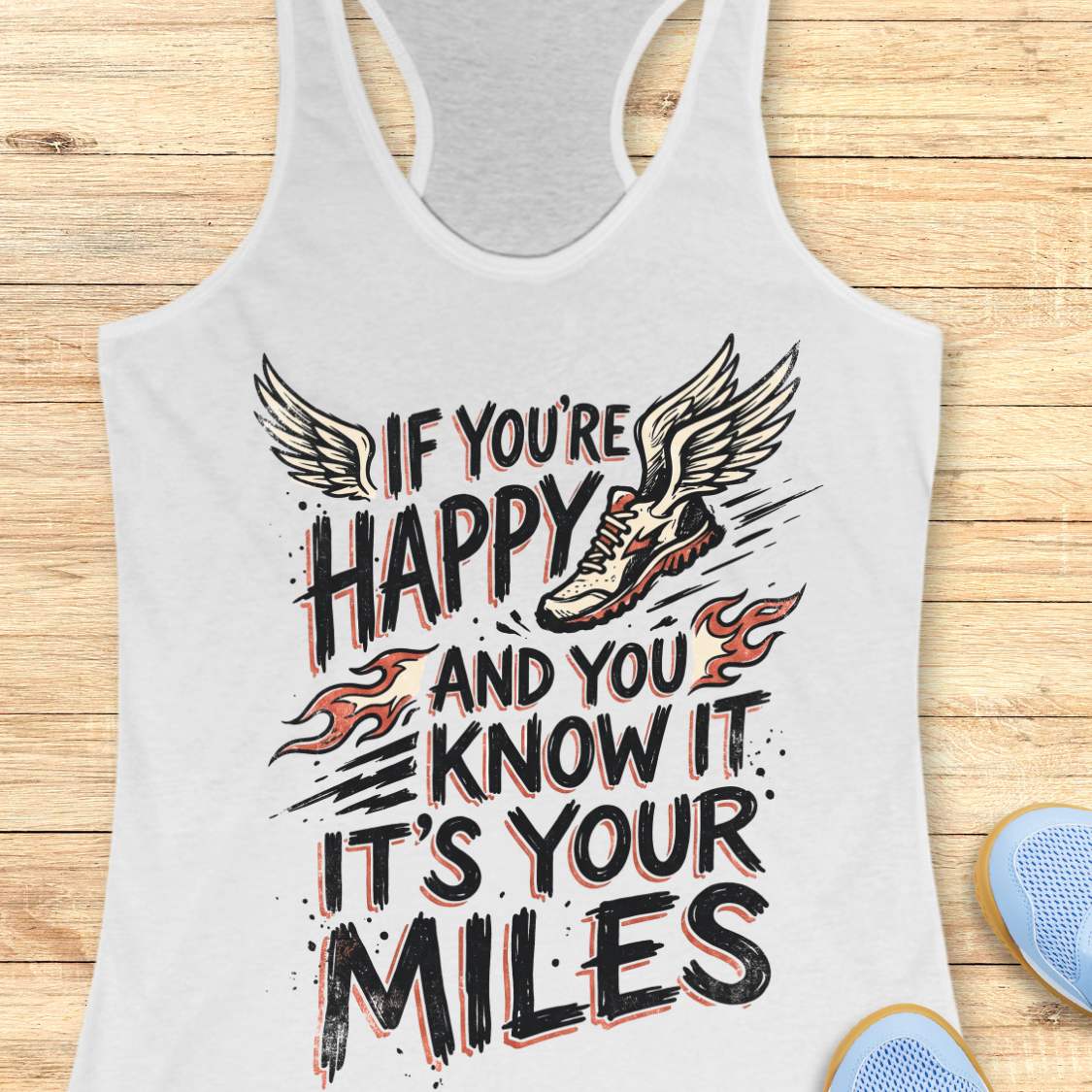 A white racerback tank top laid flat on a light wood background, featuring a graphic print with the text 'IF YOU'RE HAPPY AND YOU KNOW IT IT'S YOUR MILES' in black and red, alongside a winged running shoe and small flame motifs.
