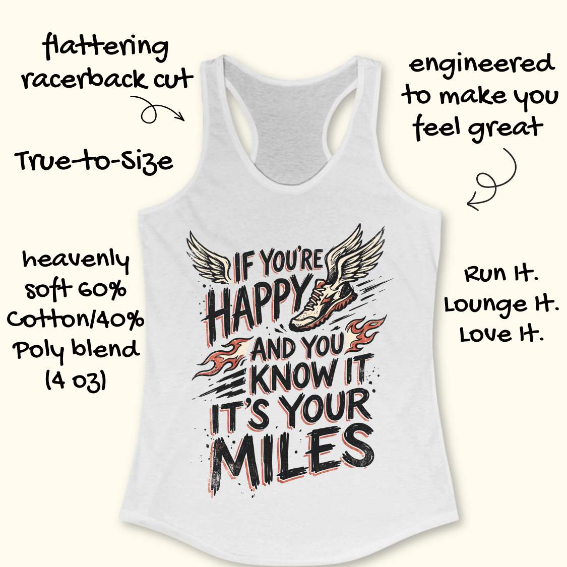A white racerback tank top with a graphic print that reads 'IF YOU'RE HAPPY AND YOU KNOW IT IT'S YOUR MILES' with a winged shoe and flame accents. Handwritten promotional text surrounds the shirt on a light beige background.