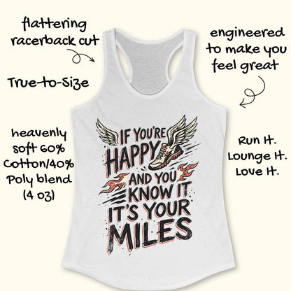 A white racerback tank top with a graphic print that reads 'IF YOU'RE HAPPY AND YOU KNOW IT IT'S YOUR MILES' with a winged shoe and flame accents. Handwritten promotional text surrounds the shirt on a light beige background.