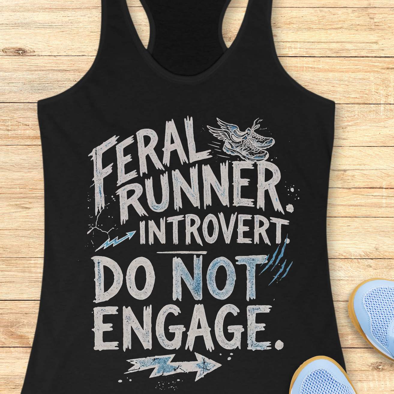 A black racerback tank top with a distressed graphic that reads 'Feral Runner. Introvert. Do not engage.'