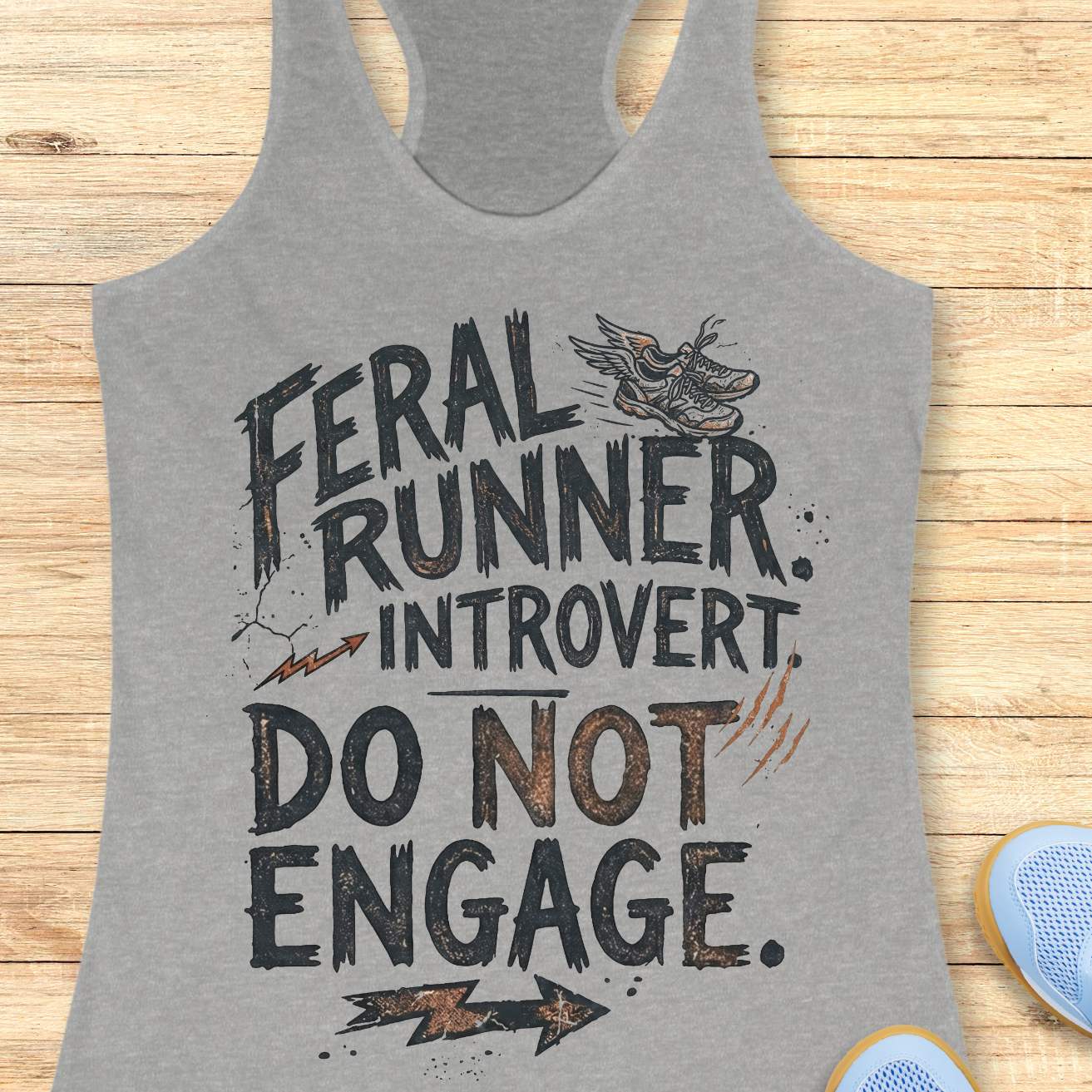A heather gray racerback tank top laid flat on a light wood background, featuring a distressed black graphic that reads 'FERAL RUNNER. INTROVERT. Do not engage.'
