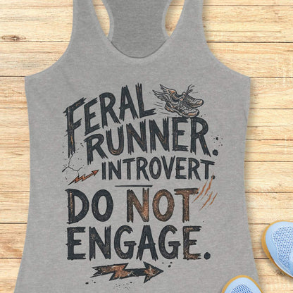 A heather gray racerback tank top laid flat on a light wood background, featuring a distressed black graphic that reads 'FERAL RUNNER. INTROVERT. Do not engage.'