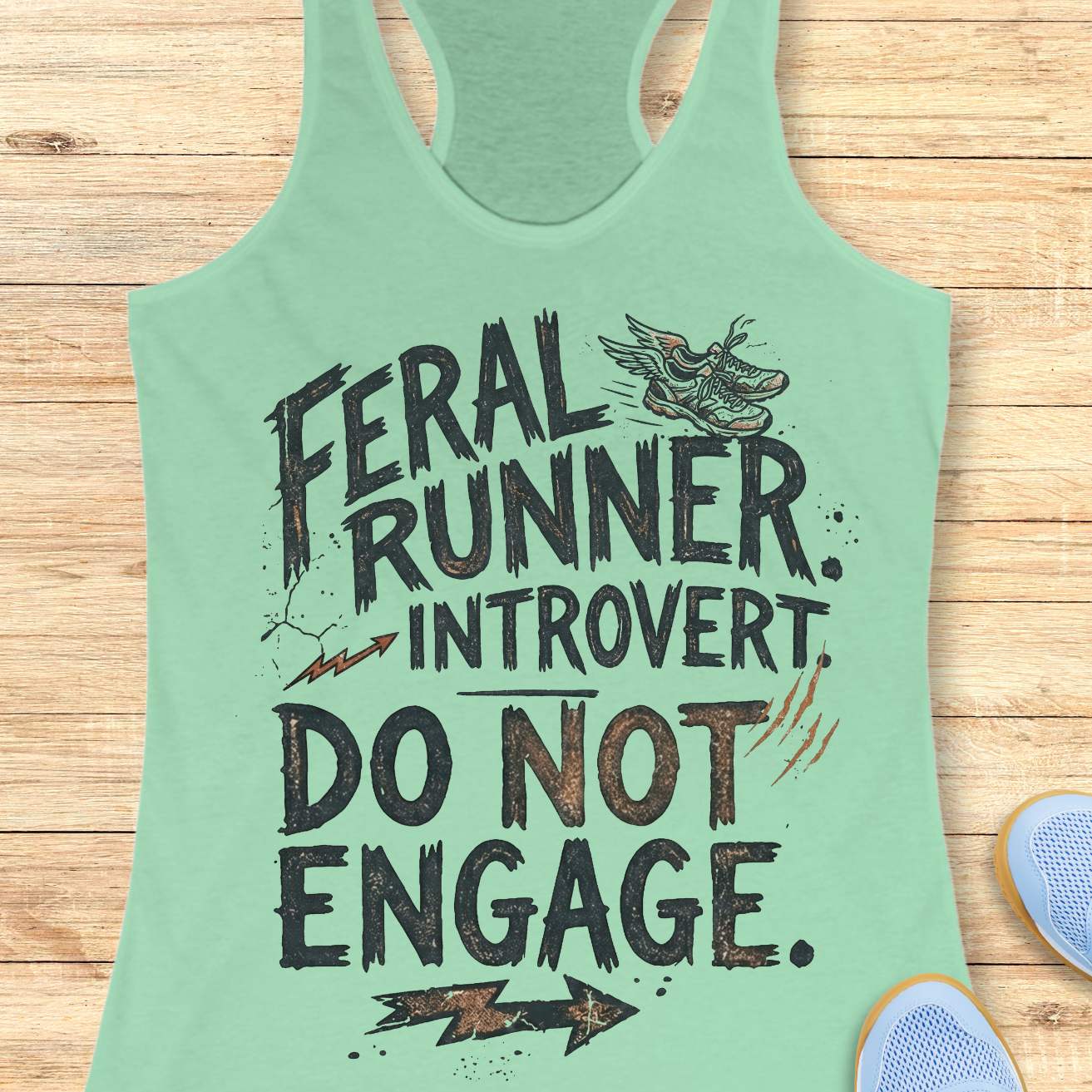 A mint green racerback tank top with a humorous graphic print reading 'FERAL RUNNER. INTROVERT. Do not engage.'