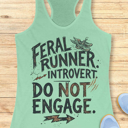 A mint green racerback tank top with a humorous graphic print reading 'FERAL RUNNER. INTROVERT. Do not engage.'