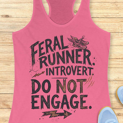 A pink racerback tank top with a black graphic text print reading 'FERAL RUNNER. INTROVERT. Do not engage.'