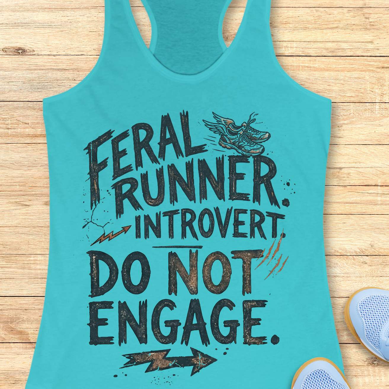 A turquoise racerback tank top laid flat on a light wood surface, featuring distressed black text that reads 'FERAL RUNNER. INTROVERT. Do not engage.'