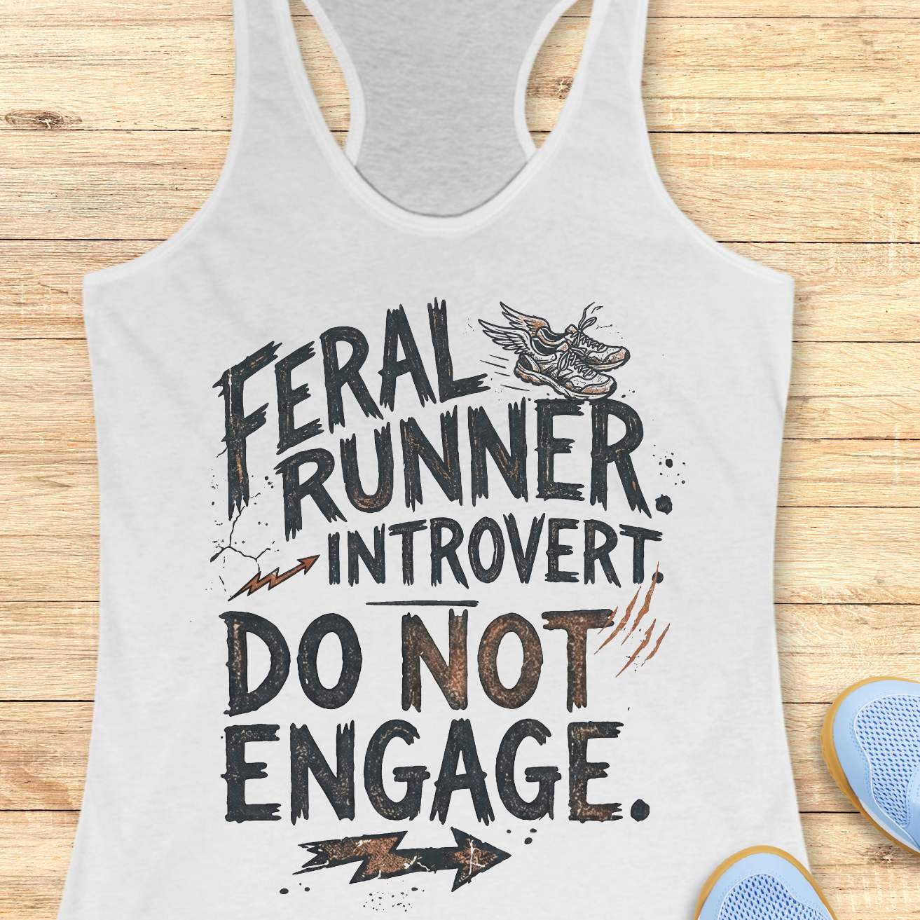 A white racerback tank top with a distressed black graphic that reads 'FERAL RUNNER. INTROVERT. Do not engage.'