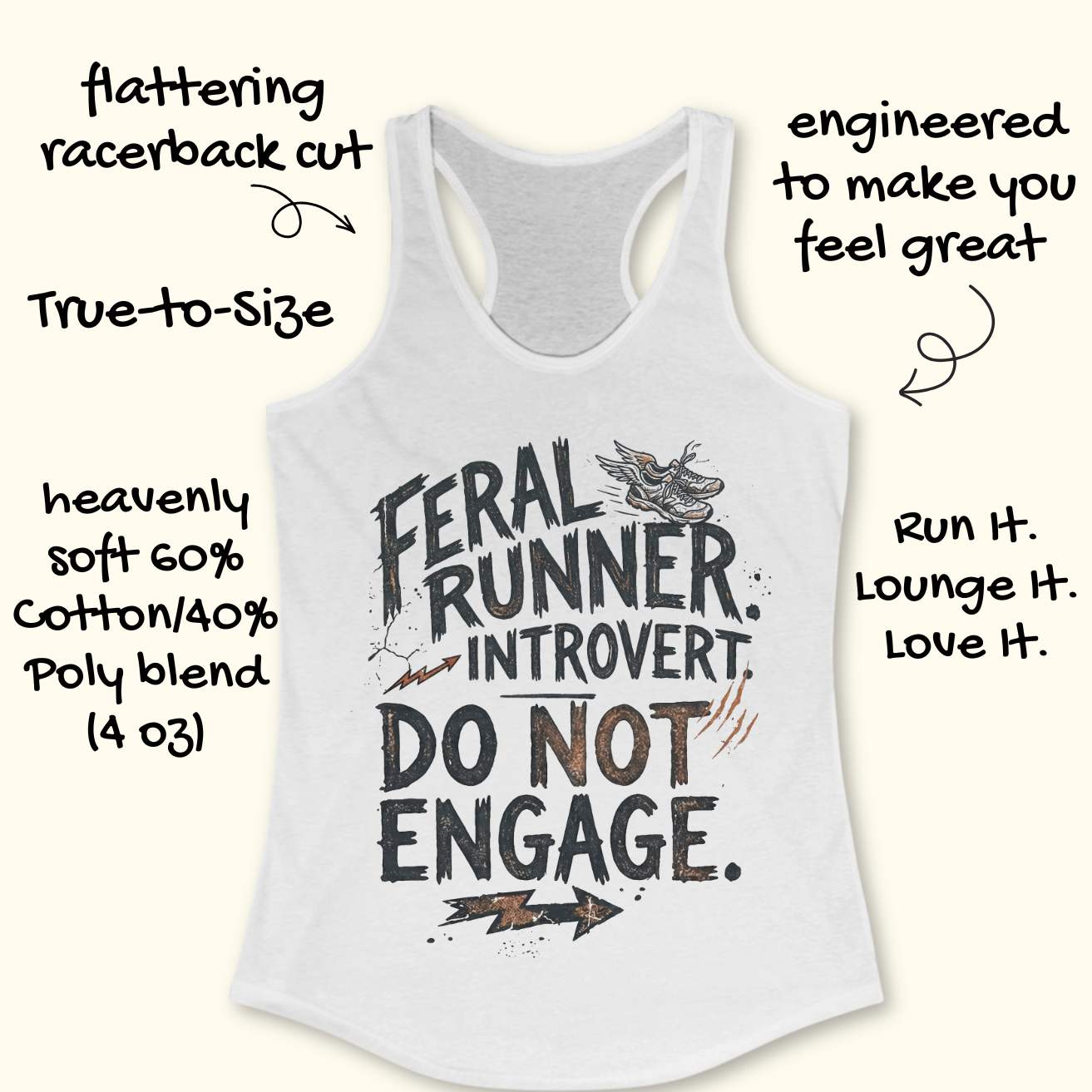 A white racerback tank top with a graphic print reading 'Feral Runner. Introvert. Do not engage.'