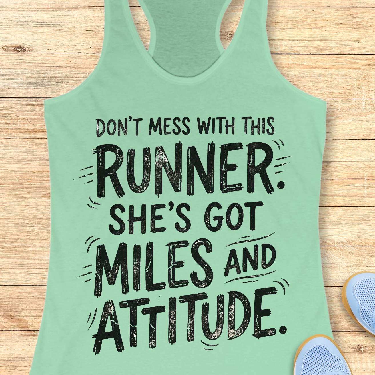 A mint green racerback tank top with a black distressed graphic text reading 'DON'T MESS WITH THIS RUNNER. SHE'S GOT MILES AND ATTITUDE.
