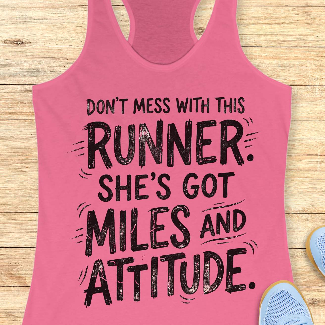 A pink racerback tank top with a black distressed graphic text reading 'DON'T MESS WITH THIS RUNNER. SHE'S GOT MILES AND ATTITUDE.