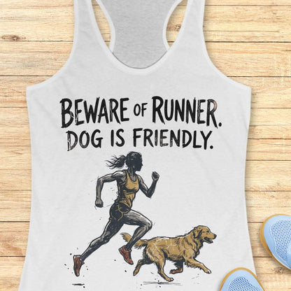 White racerback tank top featuring a humorous running-themed design with the phrase, “Beware of Runner. Dog Is Friendly.” Below the text is a sketch-style illustration of a runner sprinting alongside a happy golden retriever. The artwork uses black and tan tones with a hand-drawn appearance, creating a playful design for runners and dog lovers.