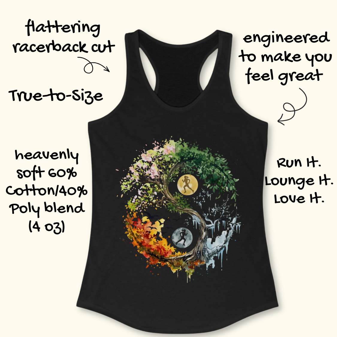Black racerback tank top with a colorful yin-yang style graphic featuring leaves, flowers, autumn colors, a running figure, and a clock. The image includes marketing text callouts on a light cream background.