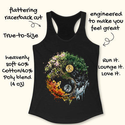 Black racerback tank top with a colorful yin-yang style graphic featuring leaves, flowers, autumn colors, a running figure, and a clock. The image includes marketing text callouts on a light cream background.