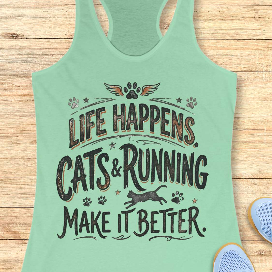 A mint green racerback tank top laid flat on a light wood background, featuring a distressed graphic that reads 'LIFE HAPPENS. CATS & RUNNING MAKE IT BETTER.