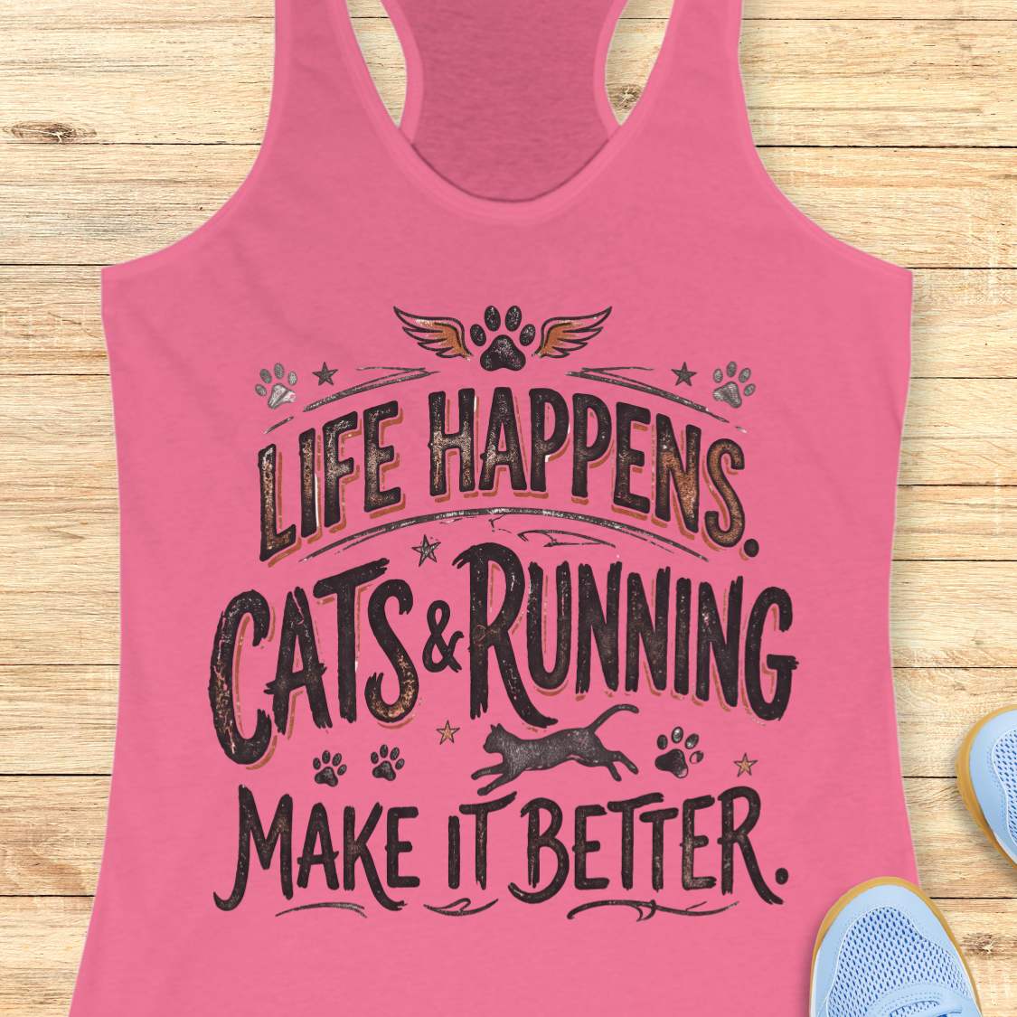 A pink racerback tank top laid flat on a light wood background, featuring a distressed black graphic that reads 'LIFE HAPPENS. CATS & RUNNING MAKE IT BETTER.