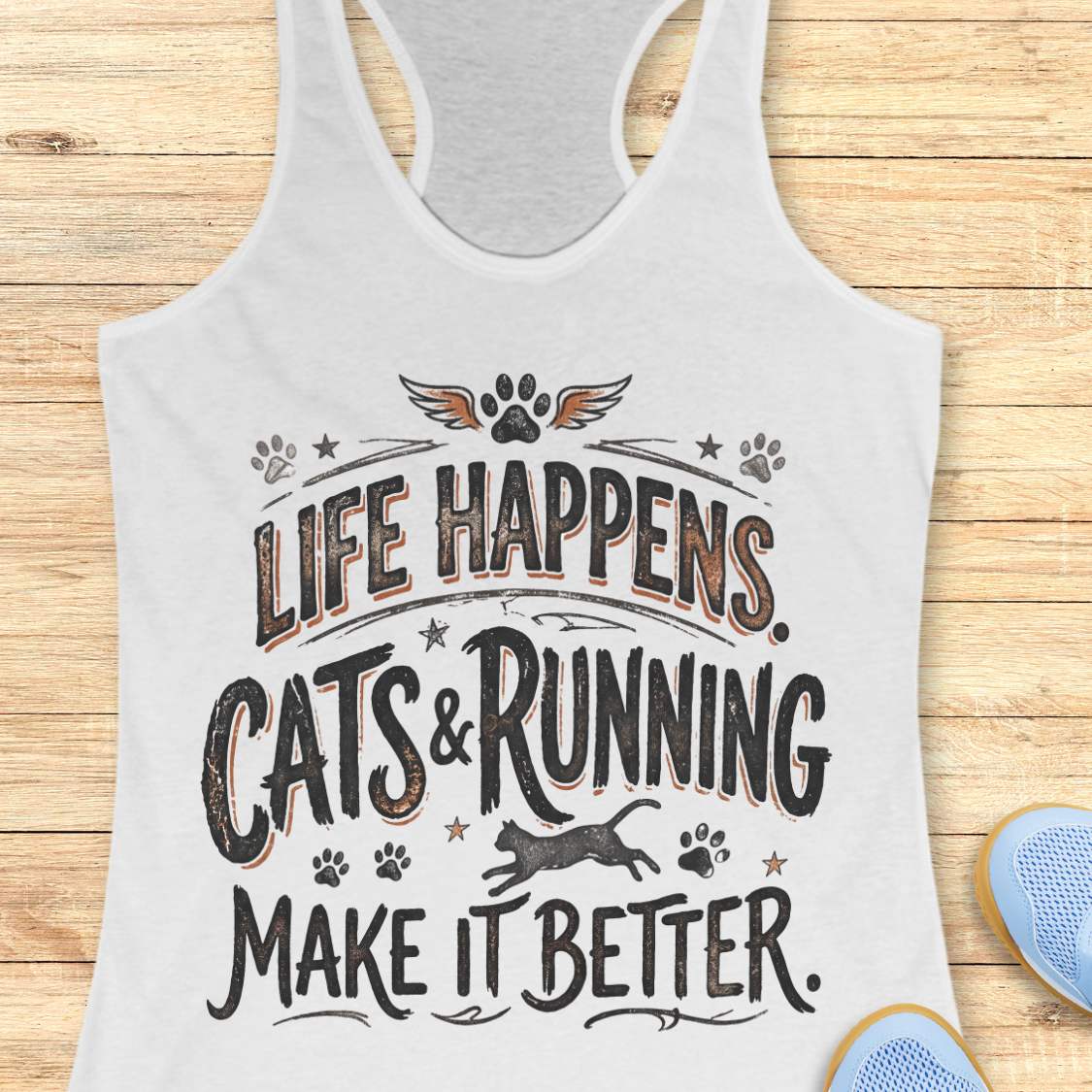 A white racerback tank top laid flat on a light wood plank background, featuring a distressed black graphic with the text 'LIFE HAPPENS. CATS & RUNNING MAKE IT BETTER.