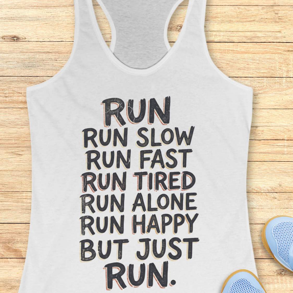 A white racerback tank top with a motivational quote printed in black text, laid flat on a light wood background with blue sneakers partially visible at the bottom right.