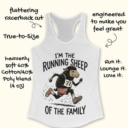 A white racerback tank top with a graphic of a running sheep wearing a number 77, accompanied by hand-drawn text highlighting product features and slogan copy. The tank top is displayed on a light beige background.