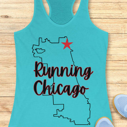 blue racerback running tank top featuring a minimalist white outline of the city of Chicago. A large red six-pointed star, inspired by the Chicago flag, marks a location near the upper right section of the city outline. The words “Running Chicago” appear in large script lettering layered over the map design. The tank top is displayed on a light wood background with partial blue running shoes visible in the bottom corners. The design has a clean, modern look celebrating running in Chicago.