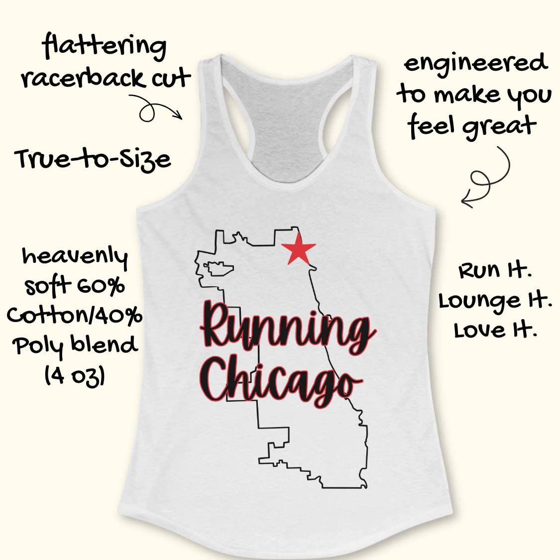 white  racerback running tank top featuring a minimalist white outline of the city of Chicago. A large red six-pointed star, inspired by the Chicago flag, marks a location near the upper right section of the city outline. The words “Running Chicago” appear in large script lettering layered over the map design. The tank top is displayed on a light wood background with partial blue running shoes visible in the bottom corners. The design has a clean, modern look celebrating running in Chicago.