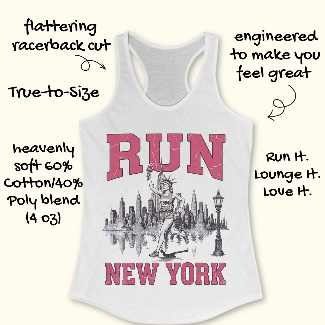 white racerback running tank top featuring a vintage-style New York running design. Large distressed pink varsity letters spell “RUN” above and “NEW YORK” below a detailed black-and-white illustration of the New York City skyline. In the center, the Statue of Liberty is depicted as a runner, wearing a race bib numbered 1884 and carrying the torch while running in front of the skyline. A classic New York streetlamp appears beside the skyline, which is reflected in water beneath it. The tank top is dis