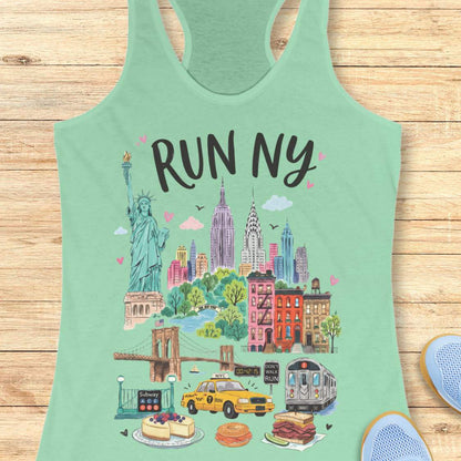 mint racerback running tank top featuring a colorful illustrated “RUN NY” design. The artwork showcases iconic New York City landmarks and symbols, including the Statue of Liberty, the Empire State Building, the Chrysler Building, the Brooklyn Bridge, brownstone row houses, a subway train, and a subway entrance. Additional New York elements include a yellow taxi cab, a race clock, a pedestrian crossing sign that reads “DON'T WALK RUN,” Central Park-inspired greenery, cheesecake, a bagel sandwich, and a pas