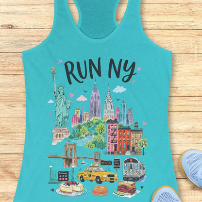 blue  racerback running tank top featuring a colorful illustrated “RUN NY” design. The artwork showcases iconic New York City landmarks and symbols, including the Statue of Liberty, the Empire State Building, the Chrysler Building, the Brooklyn Bridge, brownstone row houses, a subway train, and a subway entrance. Additional New York elements include a yellow taxi cab, a race clock, a pedestrian crossing sign that reads “DON'T WALK RUN,” Central Park-inspired greenery, cheesecake, a bagel sandwich, and a pas
