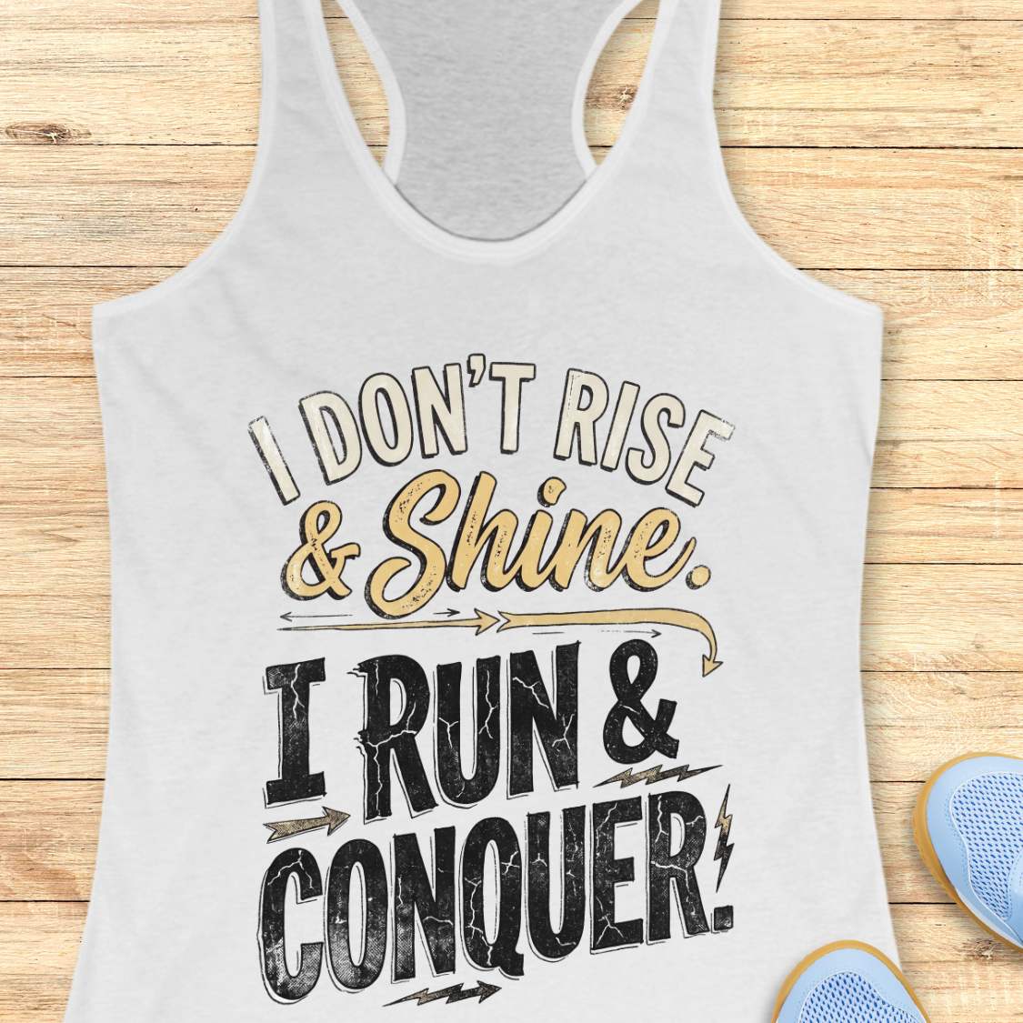 white racerback running tank top displayed on a light wood background, featuring a distressed vintage-style graphic with blue and white lettering that reads: “I DON’T RISE & SHINE. I RUN & CONQUER.” Decorative arrows and lightning bolt accents surround the text. Partial blue running shoes are visible in the bottom corners of the image.