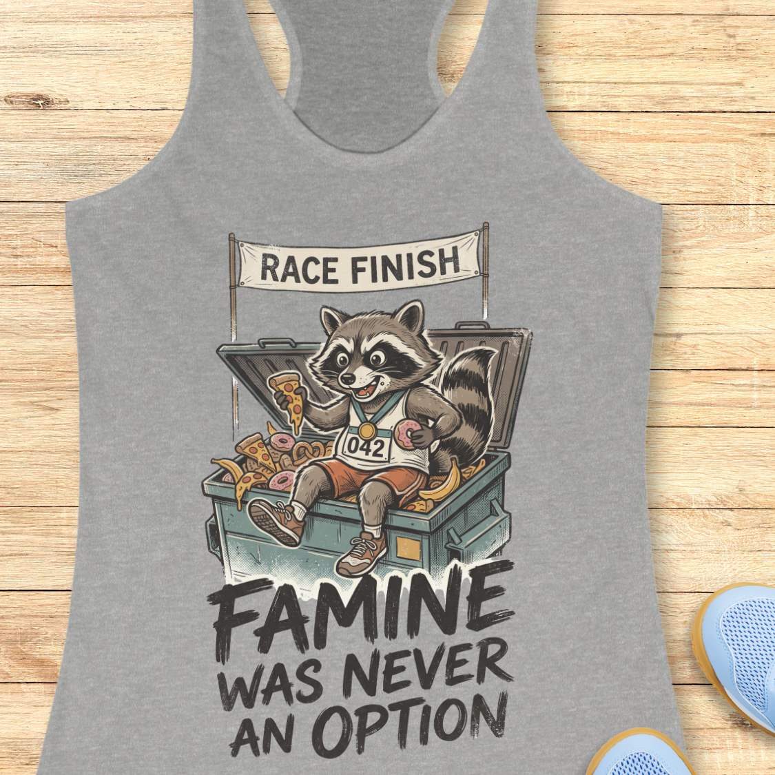 grey racerback running tank top displayed on a light wood background, featuring a vintage-style illustration of a raccoon wearing running shoes, a finisher medal, and race bib number “042.” The raccoon is sitting in an overflowing post-race snack bin filled with pizza, donuts, and bananas beneath a banner that reads “RACE FINISH.” The design includes the humorous slogan: “FAMINE WAS NEVER AN OPTION.” Partial blue running shoes are visible in the bottom corners of the image.