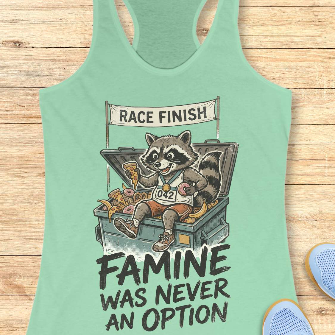 mint racerback running tank top displayed on a light wood background, featuring a vintage-style illustration of a raccoon wearing running shoes, a finisher medal, and race bib number “042.” The raccoon is sitting in an overflowing post-race snack bin filled with pizza, donuts, and bananas beneath a banner that reads “RACE FINISH.” The design includes the humorous slogan: “FAMINE WAS NEVER AN OPTION.” Partial blue running shoes are visible in the bottom corners of the image.