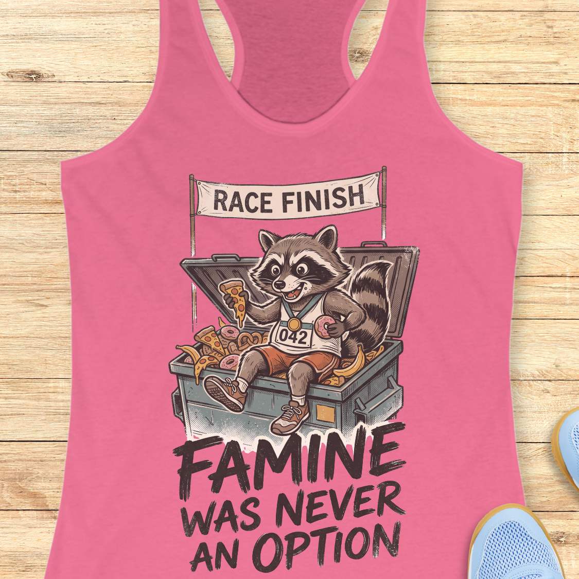 pink racerback running tank top displayed on a light wood background, featuring a vintage-style illustration of a raccoon wearing running shoes, a finisher medal, and race bib number “042.” The raccoon is sitting in an overflowing post-race snack bin filled with pizza, donuts, and bananas beneath a banner that reads “RACE FINISH.” The design includes the humorous slogan: “FAMINE WAS NEVER AN OPTION.” Partial blue running shoes are visible in the bottom corners of the image.