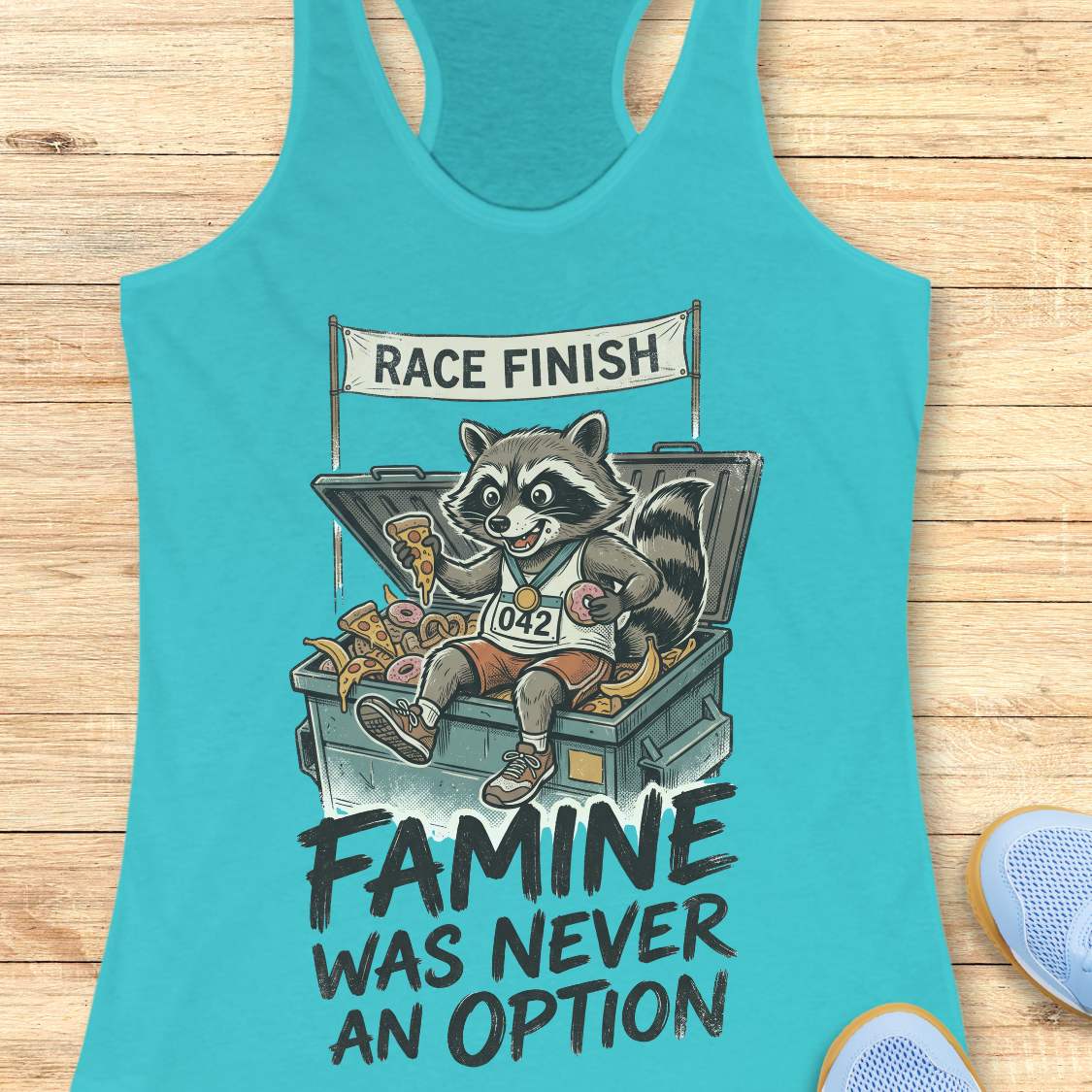 Tahiti blue racerback running tank top displayed on a light wood background, featuring a vintage-style illustration of a raccoon wearing running shoes, a finisher medal, and race bib number “042.” The raccoon is sitting in an overflowing post-race snack bin filled with pizza, donuts, and bananas beneath a banner that reads “RACE FINISH.” The design includes the humorous slogan: “FAMINE WAS NEVER AN OPTION.” Partial blue running shoes are visible in the bottom corners of the image.