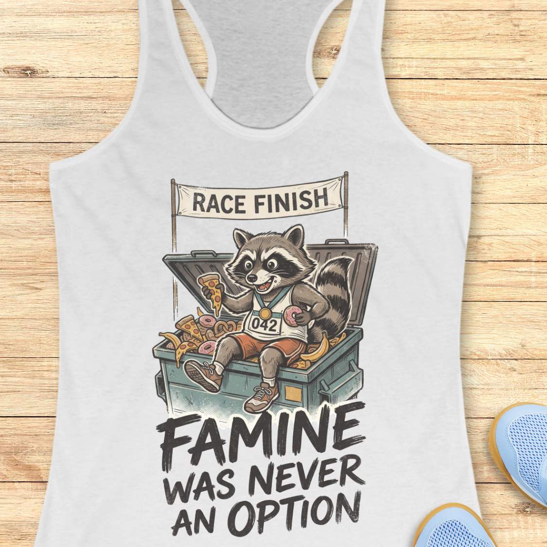 white racerback running tank top displayed on a light wood background, featuring a vintage-style illustration of a raccoon wearing running shoes, a finisher medal, and race bib number “042.” The raccoon is sitting in an overflowing post-race snack bin filled with pizza, donuts, and bananas beneath a banner that reads “RACE FINISH.” The design includes the humorous slogan: “FAMINE WAS NEVER AN OPTION.” Partial blue running shoes are visible in the bottom corners of the image.