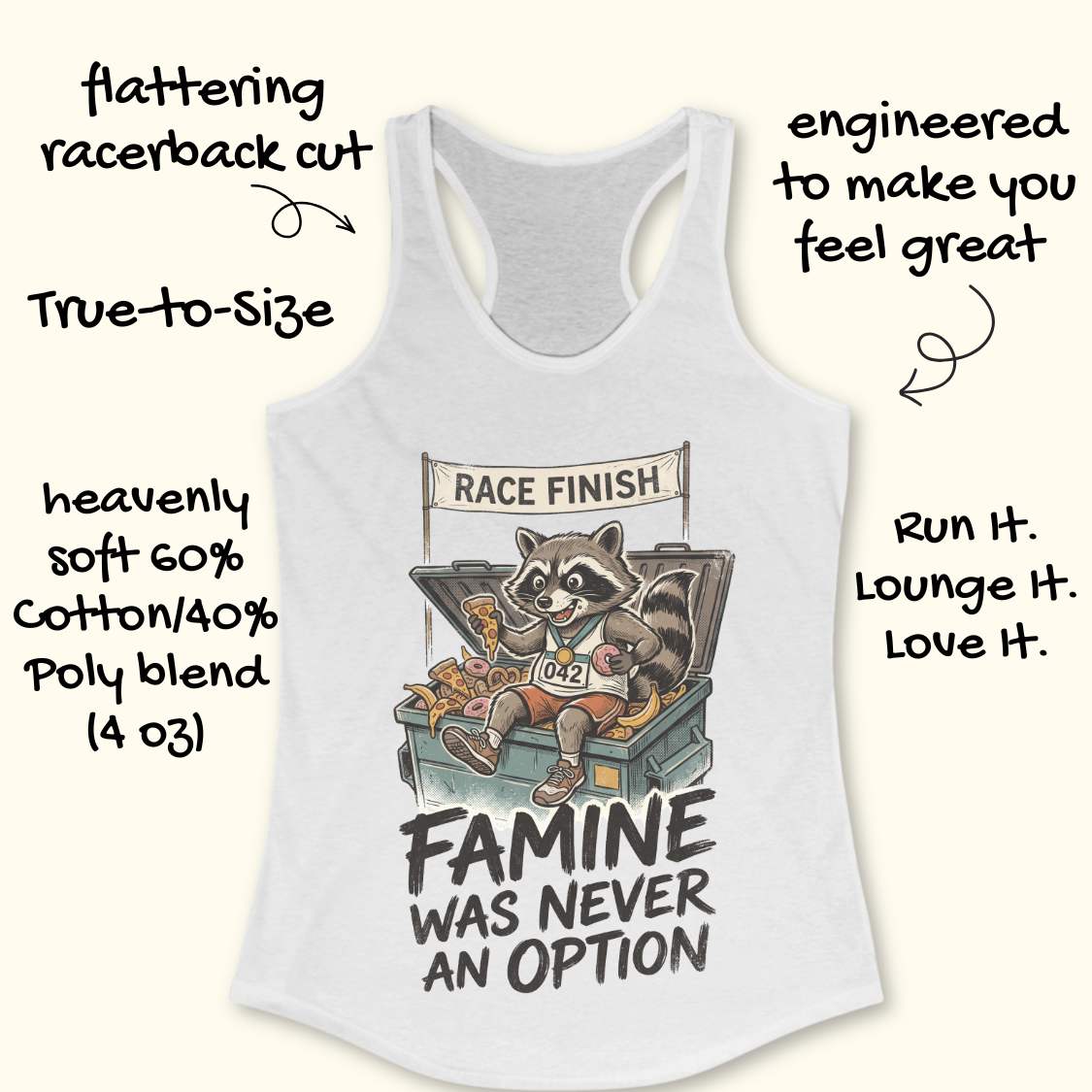 white racerback running tank top displayed on a light wood background, featuring a vintage-style illustration of a raccoon wearing running shoes, a finisher medal, and race bib number “042.” The raccoon is sitting in an overflowing post-race snack bin filled with pizza, donuts, and bananas beneath a banner that reads “RACE FINISH.” The design includes the humorous slogan: “FAMINE WAS NEVER AN OPTION.” Partial blue running shoes are visible in the bottom corners of the image.